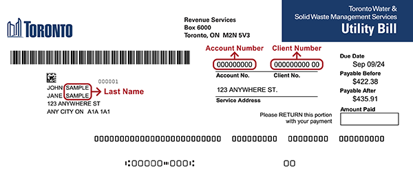 Example utility bill showing where to find your Account Number, Client Number, and Last Name as they appear on the bill