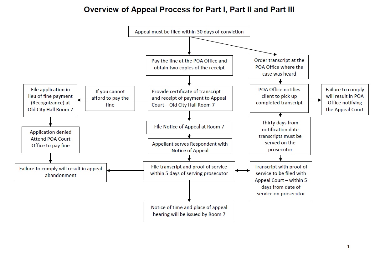 This graphic shows the appeals process for provincial offences. Once an appeal is filed within 30 days of a Part I, Part II or Part III conviction.