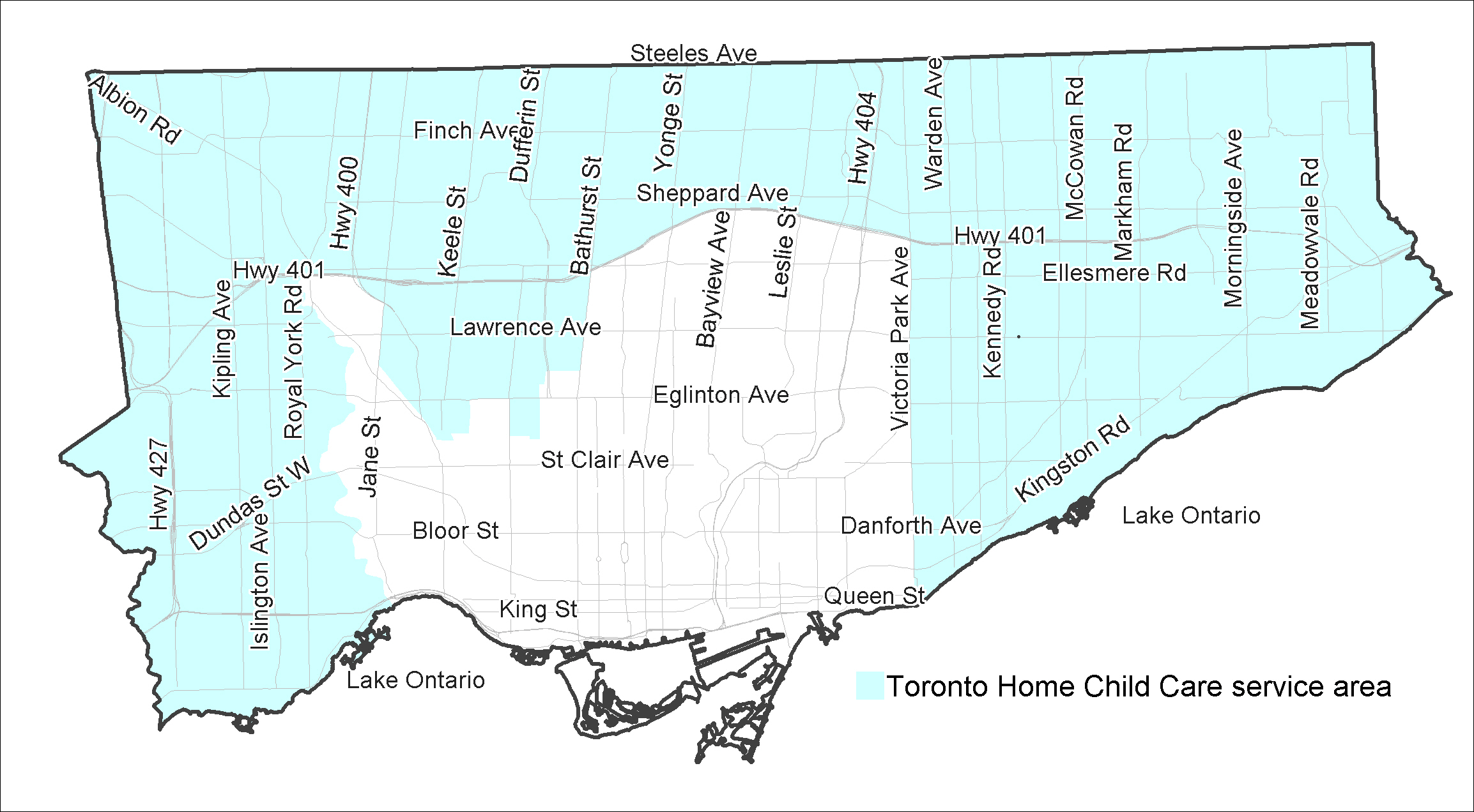 A map of Toronto showing that Toronto Home Child Care generally has home providers in most areas of the city except for the central core