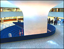 View of the a massive, reinforced concrete column in the middle of the rotunda, measuring six metres across, one metre thick, and goes down 16 metres into the bedrock beneath the building's foundation to support the 4,000 tonne Council Chamber above.