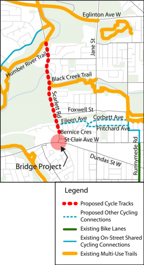 Map of bike lane (cycle track) along Scarlett Road from the Humber River to just north St. Clair Avenue at Bernice Crescent. Options for cycling connections to Scarlett Road being considered for the future include Eileen Avenue to Pritchard Avenue or Eileen Avenue to Corbett Avenue.