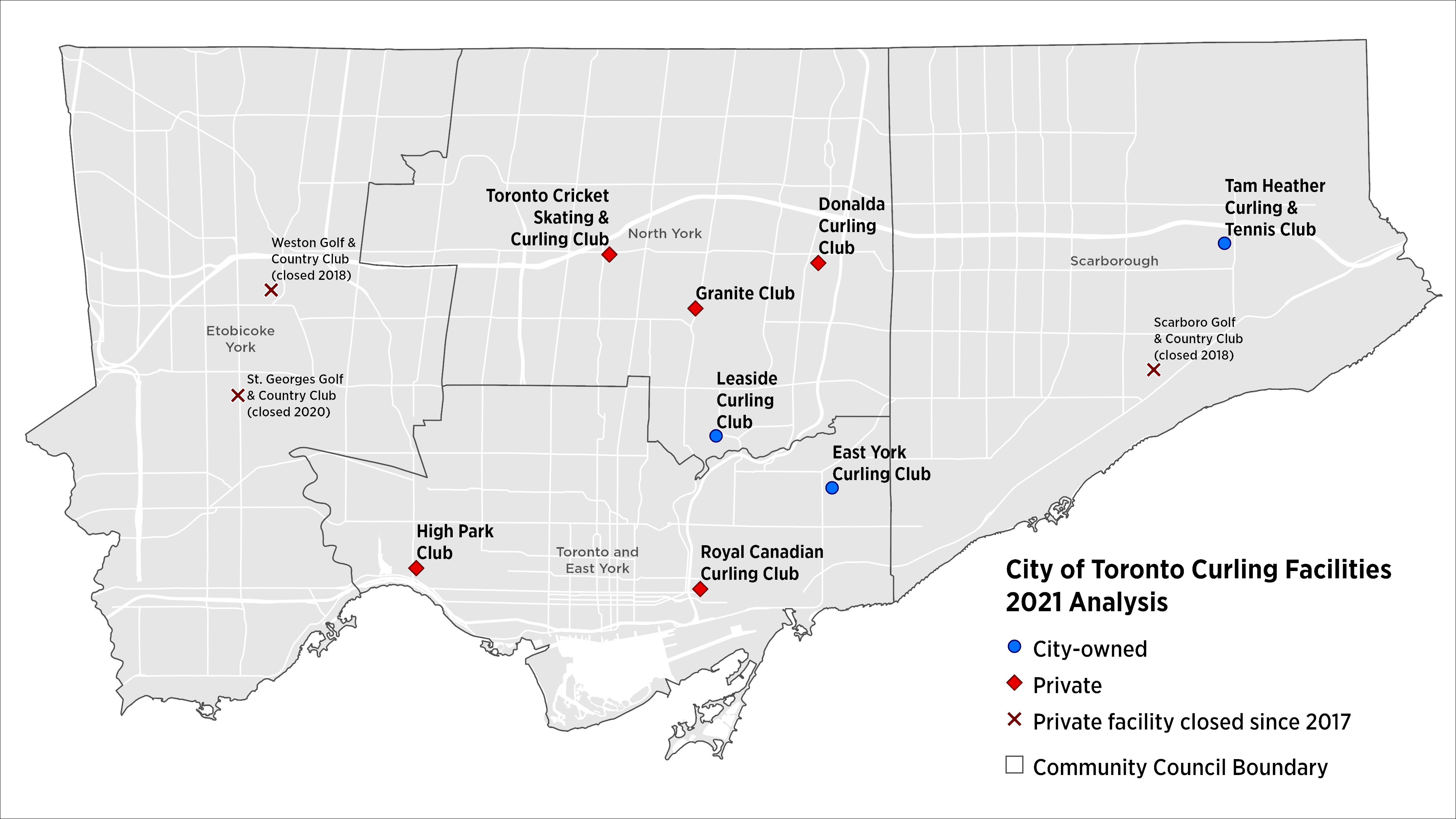 This is a map of Toronto, showing the location of city-owned and private curling facilities, and which ones are open and which ones have closed.