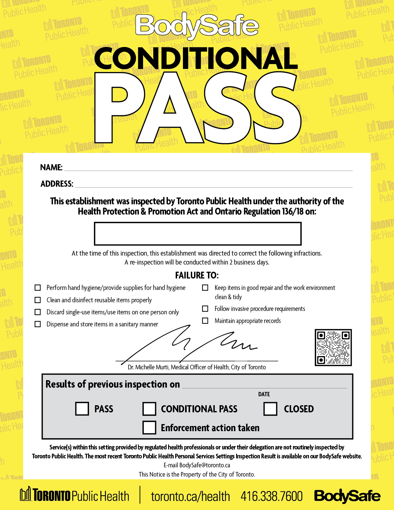 BodySafe yellow inspection conditional pass notice (poster)