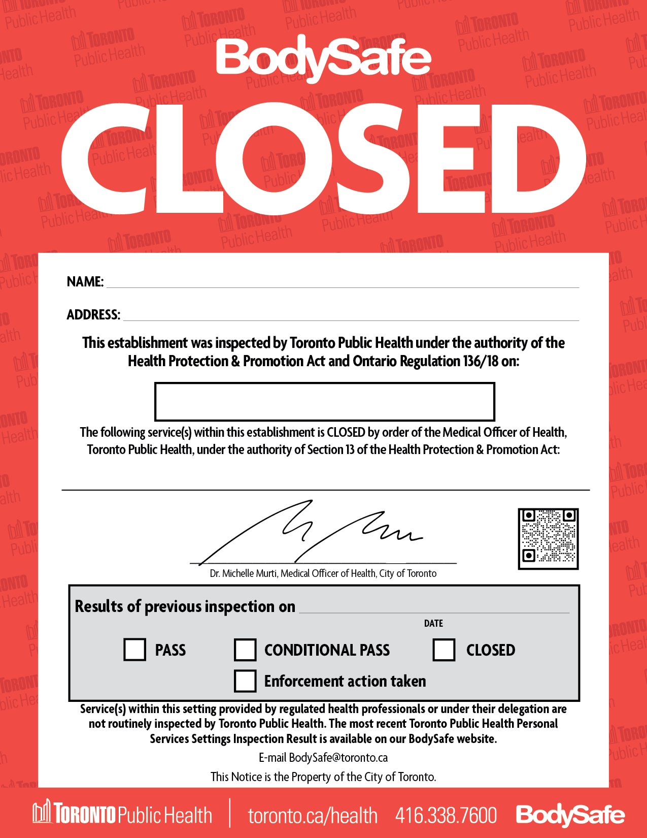 BodySafe red inspection closed notice (poster)