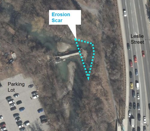 Aerial photo showing location of erosion scar around the existing weir in East Don River