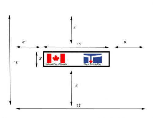 Diagram of the clearance space needed at the base of two flagpoles that are placed next to each other