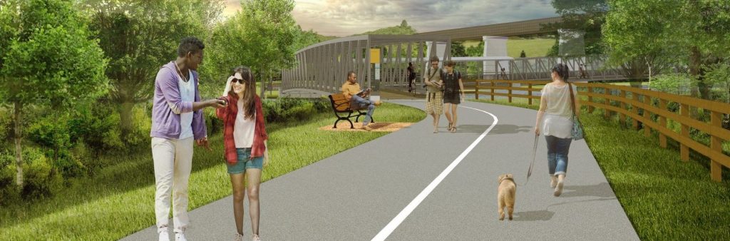 Mid Humber Gap Trail rendering showing the main trail connecting to trail bridge with people walking and sitting on a bench near by.
