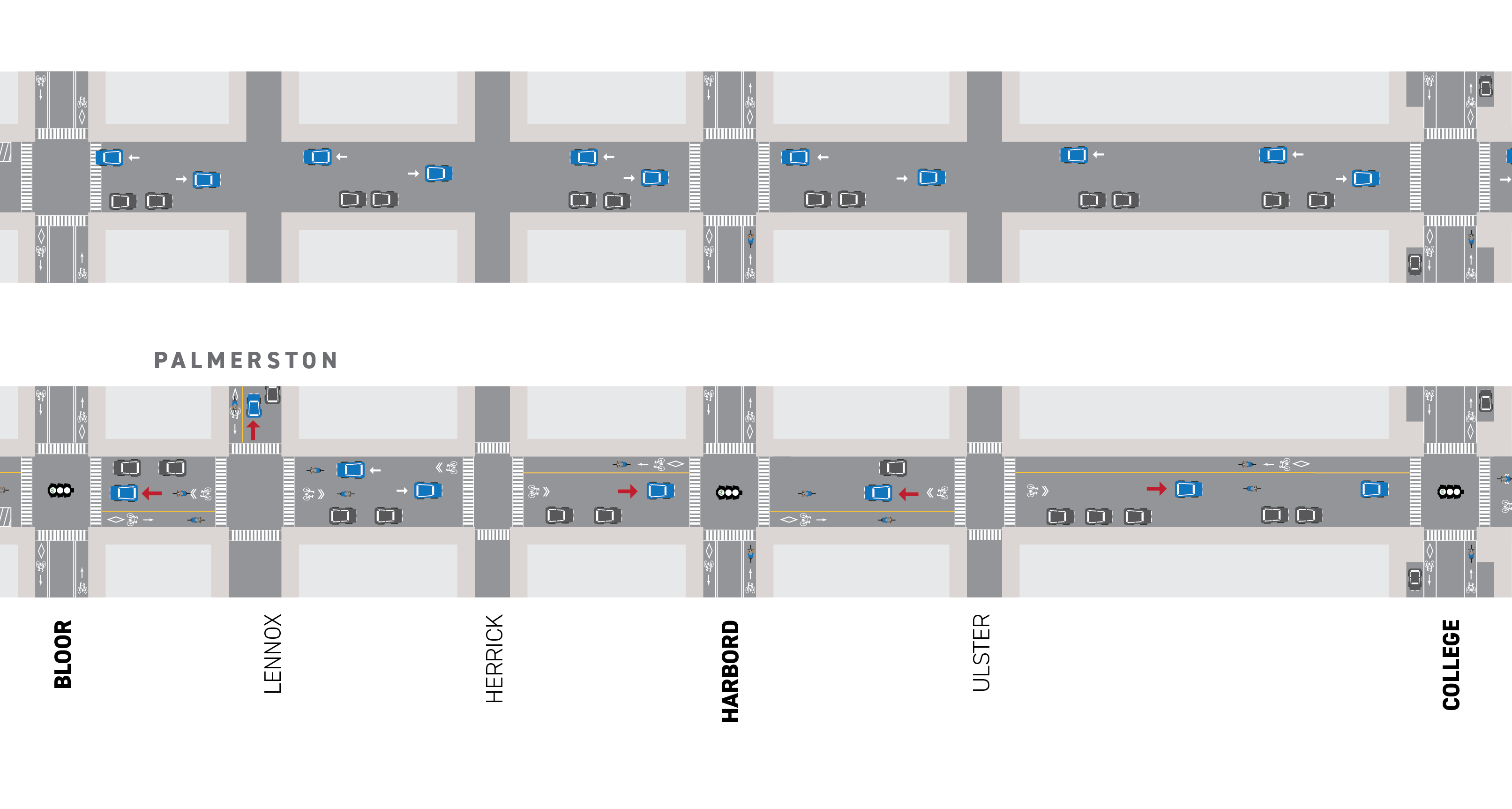 This map represents the existing and planned designs for all road users from Bloor Street to College Street