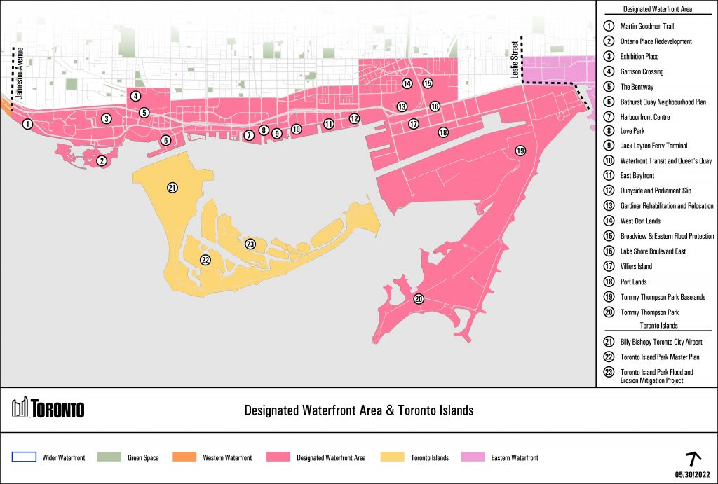 Map of Designated Waterfront Area and Toronto Islands and related projects