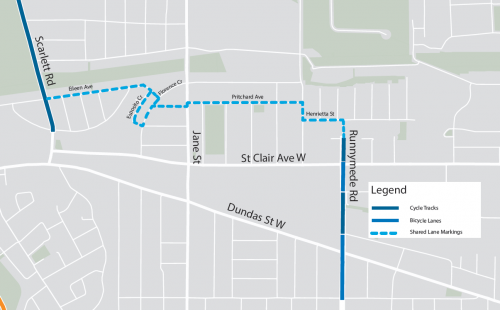 A map shows a shared bike route on local streets connecting bikeways on Scarlett Rd and Runnymede Rd