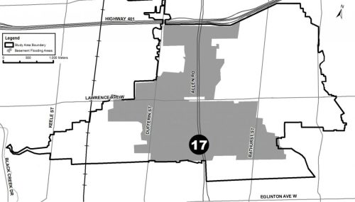 BF Study Area 17 - 18- roughly Dufferin to Bathurst St from Hwy 401 to Roselawn Ave Map of the BF Study Area 17 - 18 - roughly Dufferin to Bathurst St from Hwy 401 to Roselawn Ave