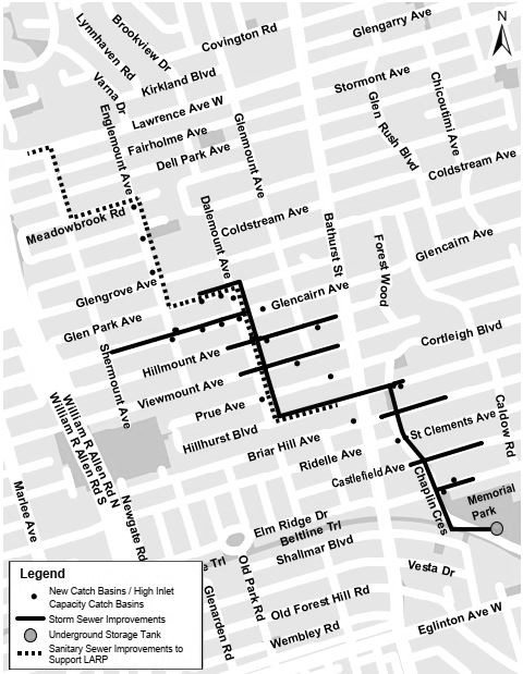 Midtown Relief Sewer Map - New sewer along Dalemount Ave from Glenpark Ave to Hillhurst Blvd and east to Chaplin Cres south to Memorial Park Map of work area. Please contact twcustomercare@toronto.ca for more information.
