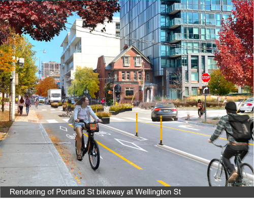 Artistic rendering of the proposed bikeway at Portland and Wellington. Cycle track runs along the west side of the street. Planters act as a traffic diverter at the centre of the intersection. Text band across the bottom of the image reads “Rendering of Portland St bikeway at Wellington St”