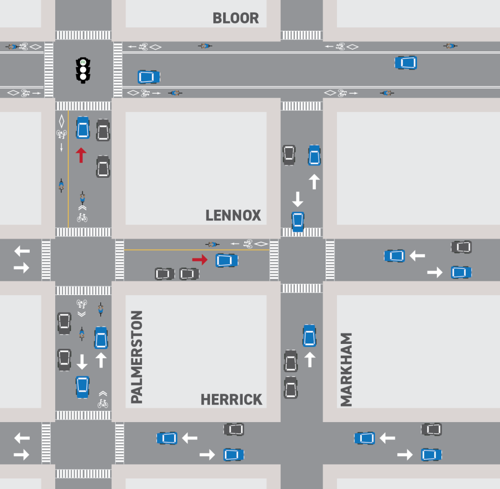 This image shows the newly-installed bike lanes and changes in traffic directions.