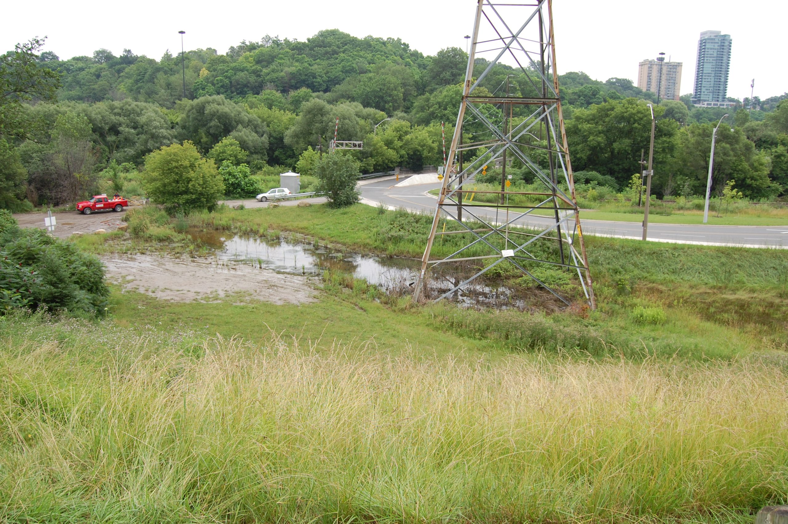 Photo of the Cudmore Creek Wetland and Trailhead project site, prior to construction, showing the area used as informal parking and the proximity of the site to the Metrolinx crossing. The Hydro tower is also visible in the photo.