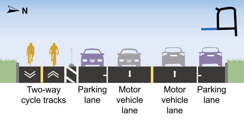 The approved changes on Rochefort Drive, from Ferrand Drive (west segment) to Don Mills Drive, facing west (from left to right): two-way cycle tracks, flexible bollards and precast concrete curb separation, parking lane, motor vehicle lane, motor vehicle lane and parking lane.