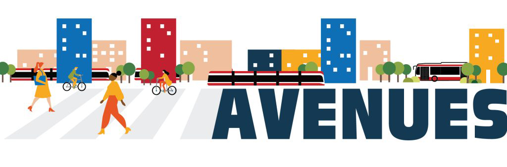 Illustrated vector image of street with rectangular buildings, streetcar and pedestrians. Avenues is used as a logo on the crosswalk.