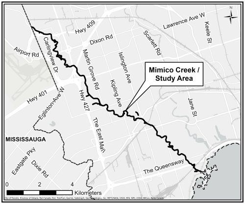 Map image of Mimico Creek from north of Disco Road south to the Lake Ontario.