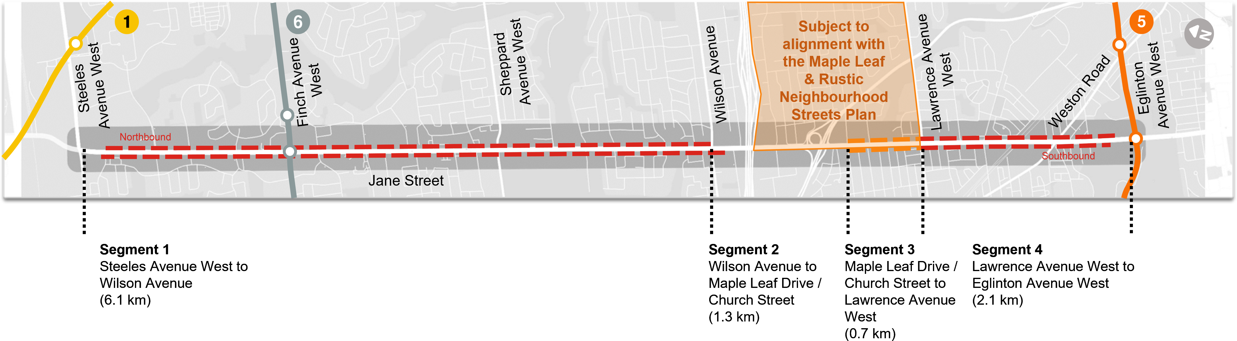 The recommend design stretches from Steeles Avenue Wes tto Eglinton Avenue West, except for a 1.1 km gap near the highway ramps.