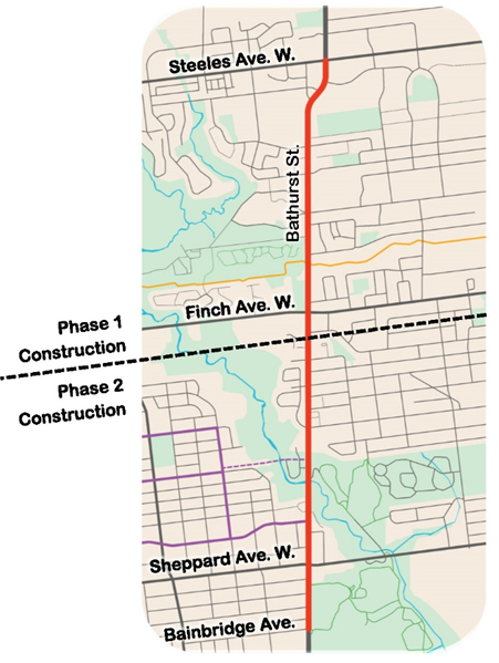 The map identifies the project area, which is Bathurst Street between Steeles Avenue West and Bainbridge Avenue and Raoul Wallenberg Road