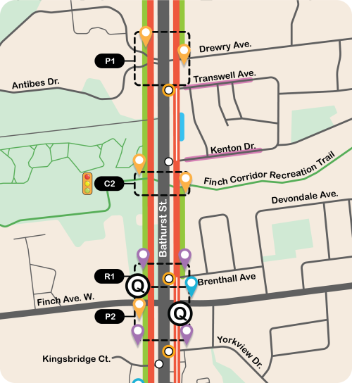 The image is a map which identifies all proposed changes on Bathurst Street between the mid-block area between Patricia Avenue and Drewry Avenue to Yorkview Drive