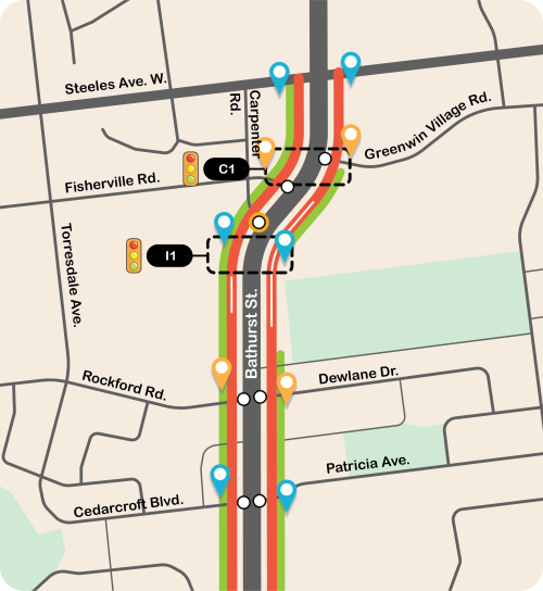 The image is a map which identifies all proposed changes on Bathurst Street between Steeles Avenue West to the mid-block area between Patricia Avenue and Drewry Avenue 