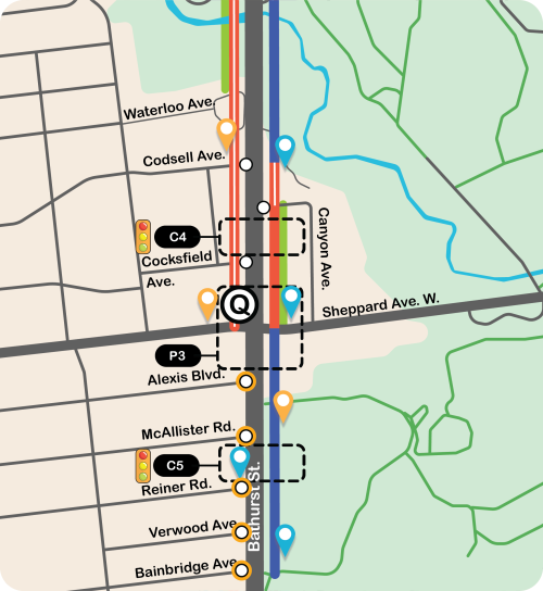 The image is a map which identifies all proposed changes on Bathurst Street between Prosserman Jewish Community Centre and Bainbridge Avenue and Raoul Wallenberg Road 