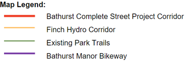 The image is a legend that identifies various destinations on the map. The organe line represents the project area. The yellow line identifies the Finch Hydro Corridor. The green lines identify existing park trails. The purple lines identify bikeways in Bathurst Manor. 