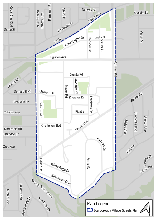 Map of Scarborough Village Streets Plan project area. It is bound by Bellamy Road South to the west, Markham Road to the east, the CNR Railway to the north and and an area just south of Kingston Road, including Bellehaven Crescent and Hill Crescent south.
