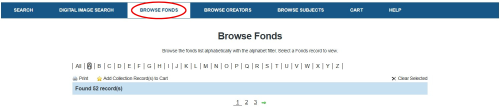 Screenshot of Archives' database browse fonds interface