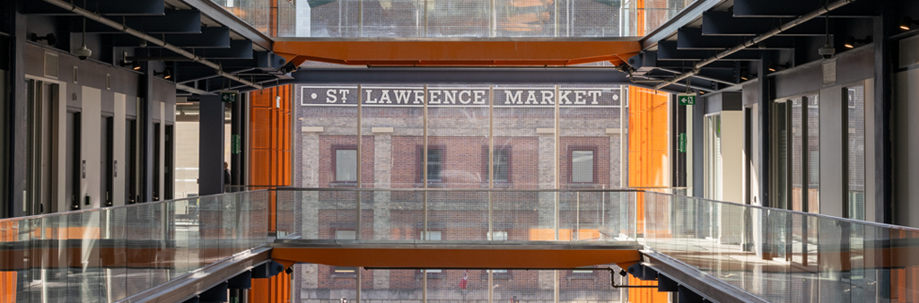 St. Lawrence Market building as seen through window of building atrium