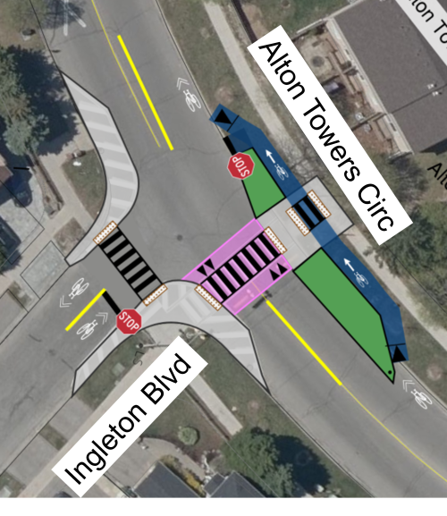 Option 1 for Alton Towers Circle and Ingleton intersection showing an all-way stop control