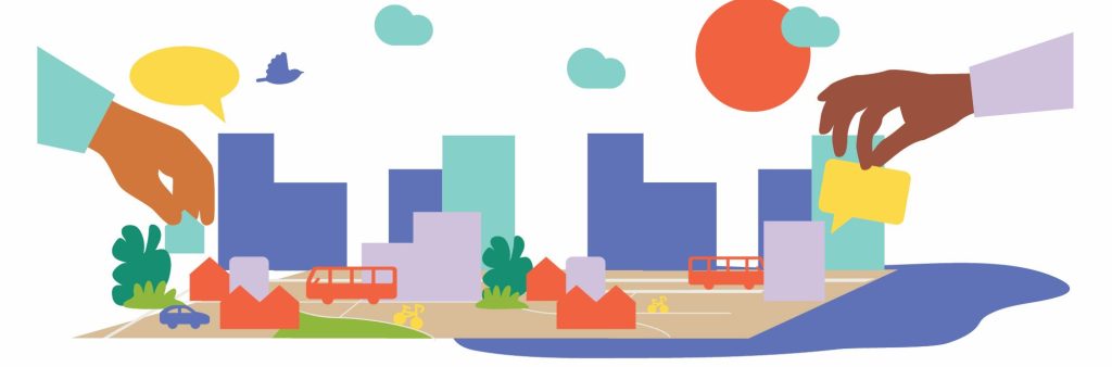 Image of infrastructure that makes up a complete community, including: houses and apartment buildings, stores and shops, buses and trains and trees and greenery.