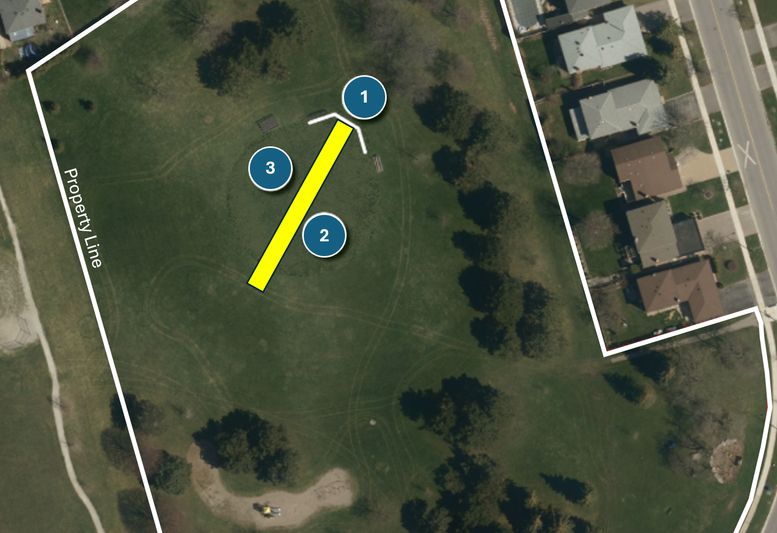 Map of Farquharson Park's proposed new single-direction cricket pitch. The existing backstop will remain. Numbered areas on the map are described in the list following the image.