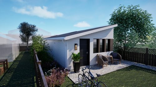 Rendering of Pre-Approved two-bedroom garden suite, showing image of garden suite in backyard context.