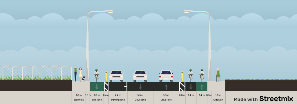 Showing Davenport Road, between Caledonia Park Road and Foundry Avenue with cross-section details: • Converting westbound bike lanes to protected cycle tracks on the north side of the street • Converting eastbound bike lanes to bi-directional protected cycle track on the south side to improve connection to a future multi-use trail • Install new traffic signal at Foundry Avenue and Davenport Road • Removing 17 on-street parking spaces (nine on north side, eight on south side), to improve intersection sight lines and make space for new signal