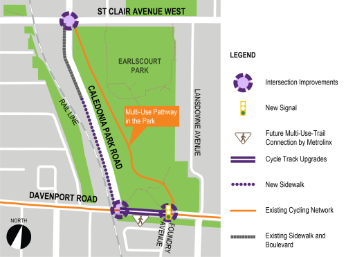 Map for the Caledonia Road (between Davenport Road and St Clair Avenue West) and Davenport Road (between Caledonia Road and Foundry Avenue) Safety Improvements. The map also shows the multi-use pathway in the park on the east side of Caledonia Park Road.