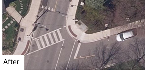 Aerial photo of street corner after a curb radii reduction