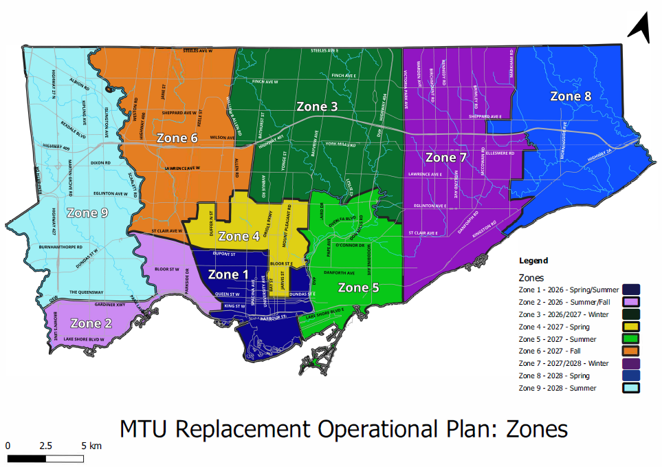 Map of Toronto divided into nine water meter transmission unit (MTU) replacement zones. Description of geographical boundaries in table below. Click to view PDF of the map.