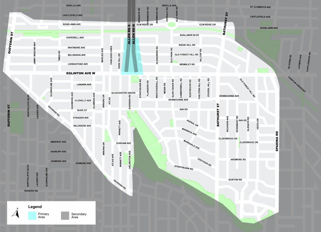 Map showing the boundaries of the study area, from Vaughan Road and the Cedarvale ravine in the south, to Spadina Rd in the east, to Roselawn Ave in the north, to Dufferin St in the west.