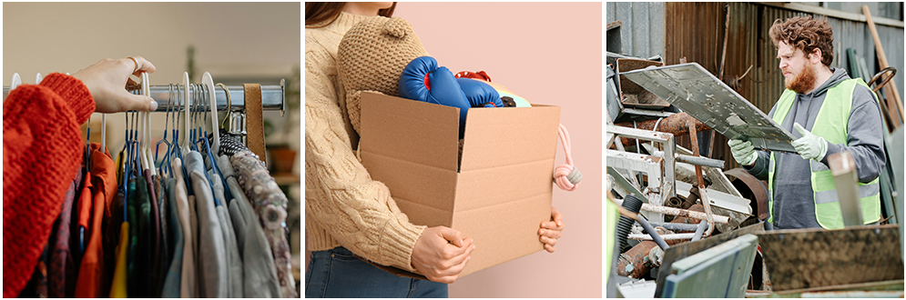 Photo collage showing various aspects of material exchange, including a clothing exchange, a goods exchange and a construction exchange.