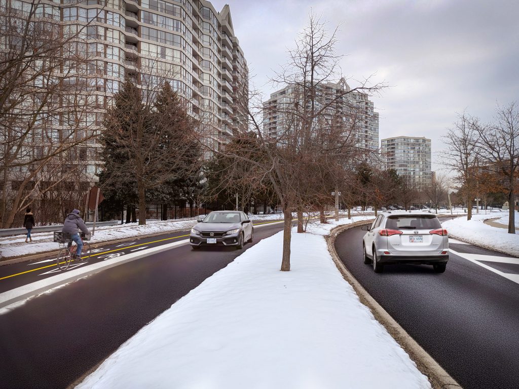 Artistic Rendering of proposed Option 1 for Rowntree Road, with two-way bikeway along the north-east side of thestreet with one motor vehicle lane on each side of the median