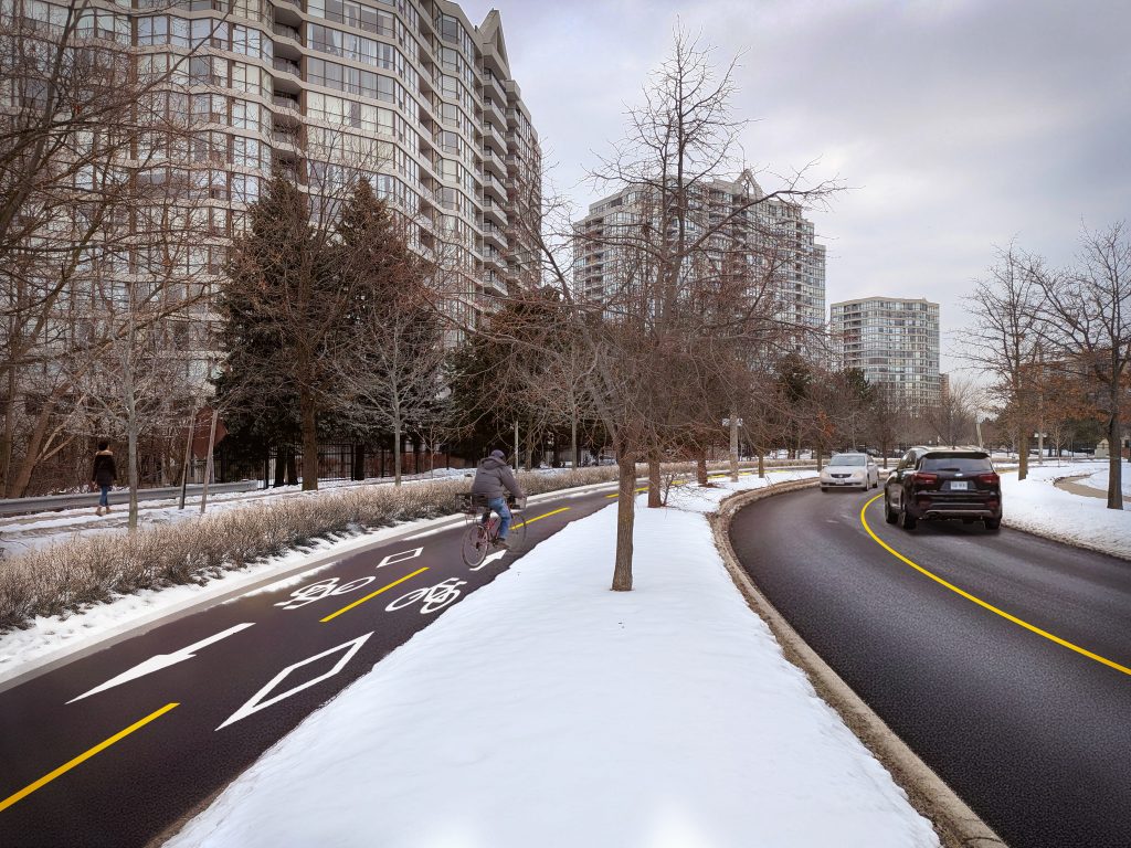 Artistic rendering for proposed Option 2 for Rowntree Road with north-east side of the median converted to a two-way bikeway with new plantings and both directions for motor vehicles on the south-west side of themedian
