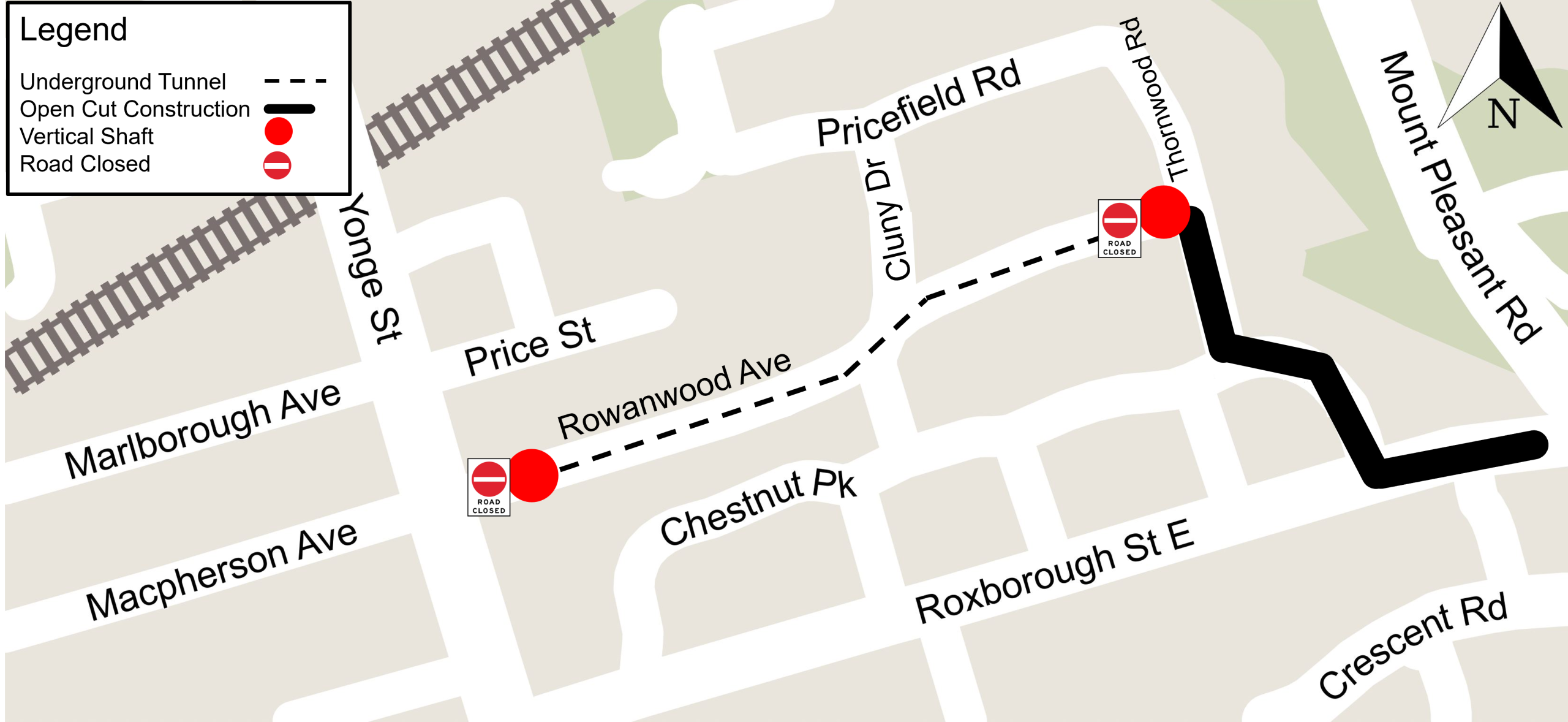 Map showing construction area on Rowanwood Avenue from Yonge Street to Wrentham Place. Road closure on Rowanwood Avenue, east of Yonge Street. Road closure of Rowanwood Avenue and Thornwood Road intersection. 