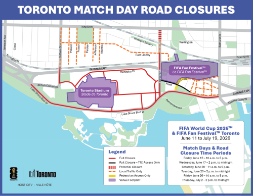 A map of the area around Toronto Stadium and FIFA Fan Festival between Lake Shore Blvd. West and King Street and between Bathurst Street and Jameson Ave. Several roads are marked with orange dotted lines indicating "local traffic only" and red solid lines indicating "full closure) on match days listed from June 11 to July 19. Accessibility Support: If you require this information in an alternative format or need assistance interpreting this map, please contact Anu Saini who works for Transportation Services at the City of Toronto at 416-392-7482.