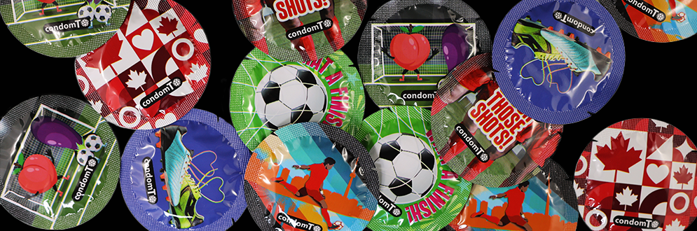 Different designs of condom wrappers showcasing different themes of soccer games