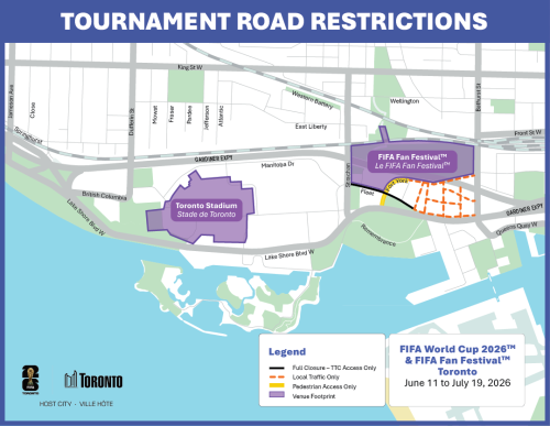 A map of the area around Toronto Stadium and FIFA Fan Festival near Lake Shore Blvd. West between Bathurst Street and Jameson Ave. Several roads are marked with orange dotted lines indicating "local traffic only" from June 11 to July 19. Accessibility Support: If you require this information in an alternative format or need assistance interpreting this map, please contact Anu Saini who works for Transportation Services at the City of Toronto at 416-392-7482.