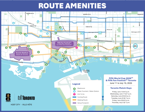 A map showing washrooms, water fountains, information booths along walking and cycling routes in the area around Toronto Stadium and FIFA Fan Festival.